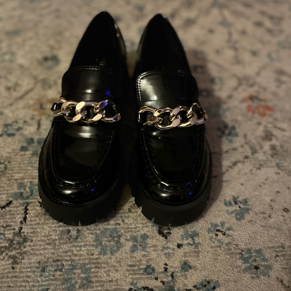 Guess Black Loafers with Gold Chain Accent